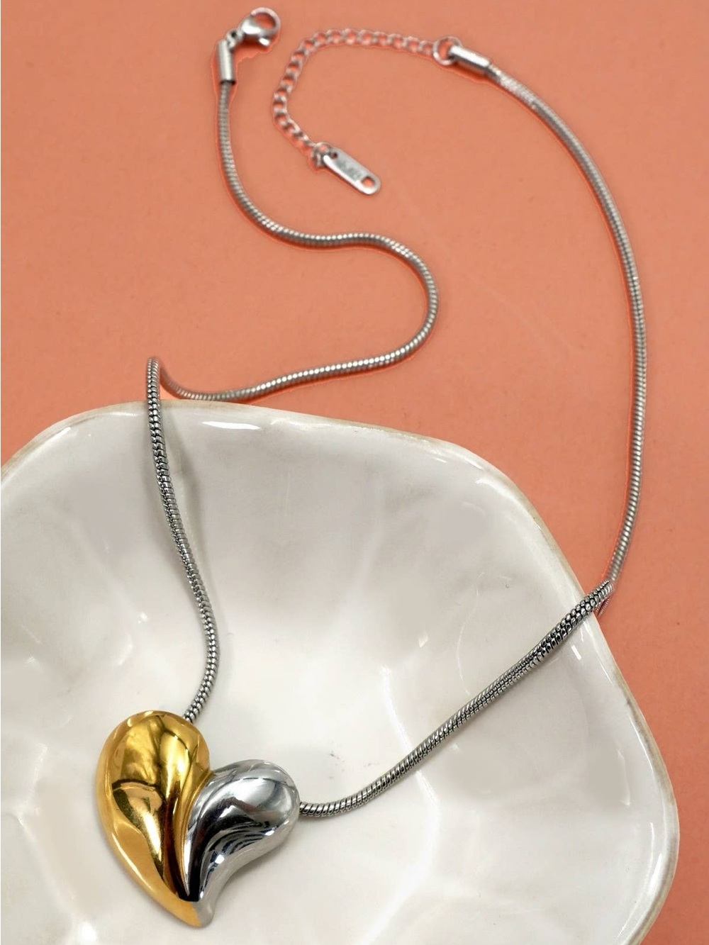 Water Proof Tarnish Free Two-Tone Gold & Silver Heart Pendant Necklace for Women